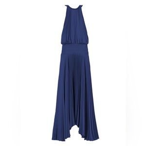 A.L.C. Navy Renzo II Satin Pleated Midi Dress